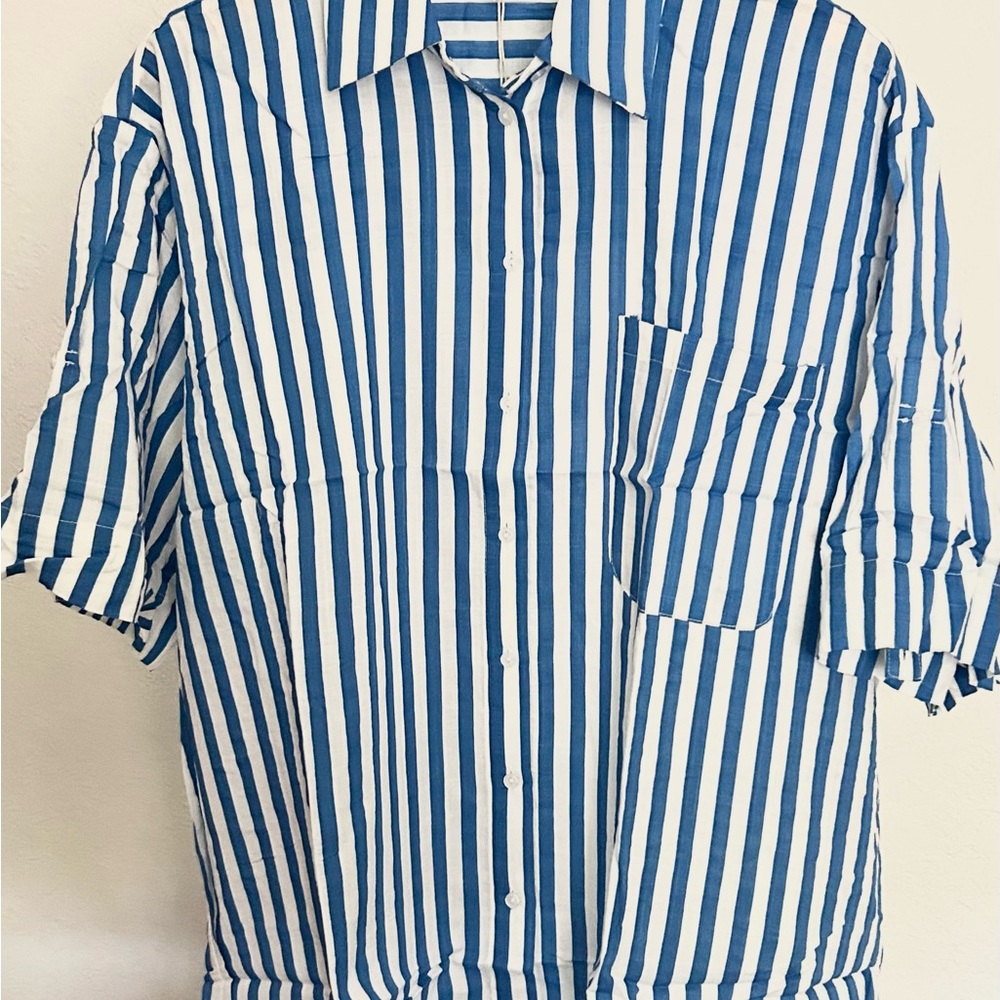 Blue and White Oversized Striped Button-Up Shirt